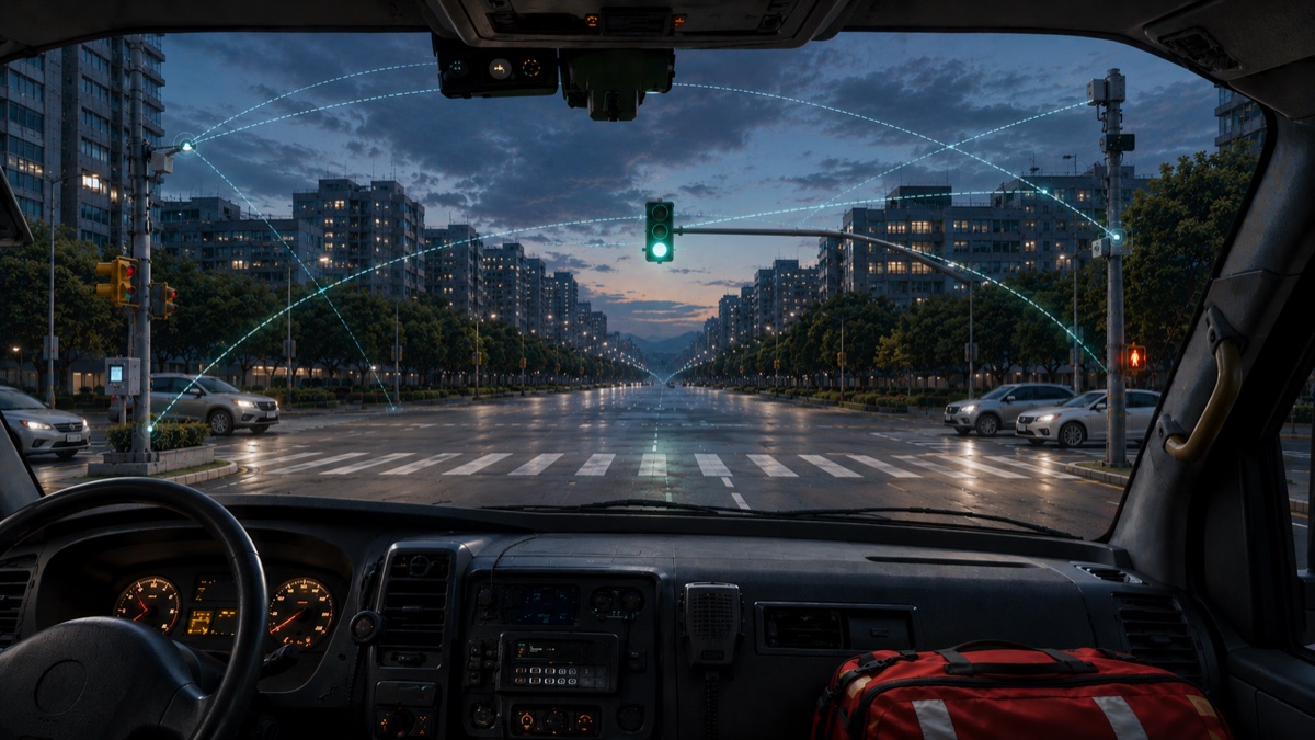 從救護車駕駛艙看向已清空路口的 V2X 號誌優先概念示意圖